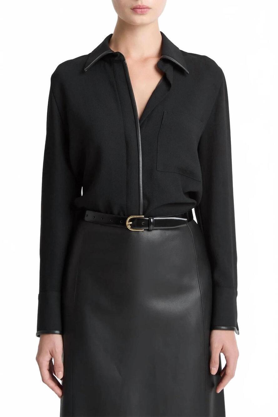NEW VINCE faux leather trim blouse in black
